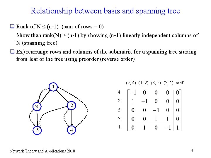 Relationship between basis and spanning tree q Rank of N (n-1) (sum of rows