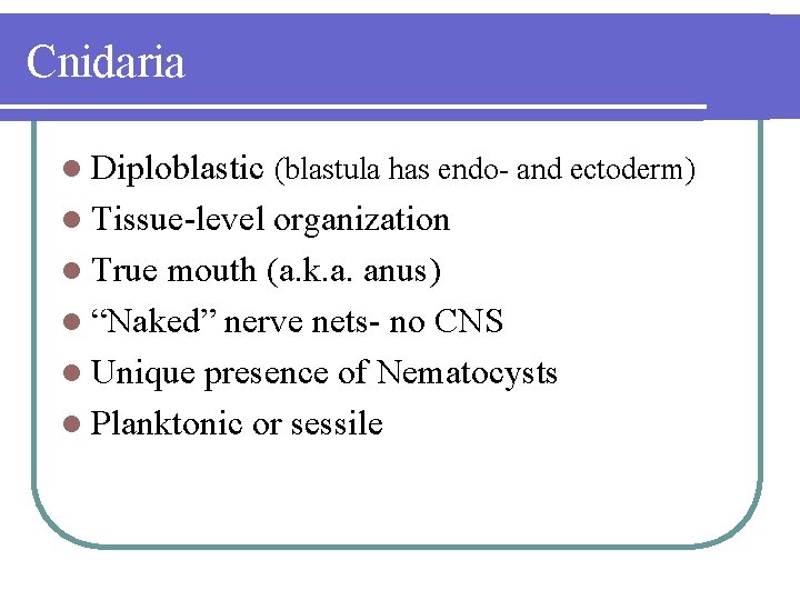 Cnidaria l Diploblastic (blastula has endo- and ectoderm) l Tissue-level organization l True mouth
