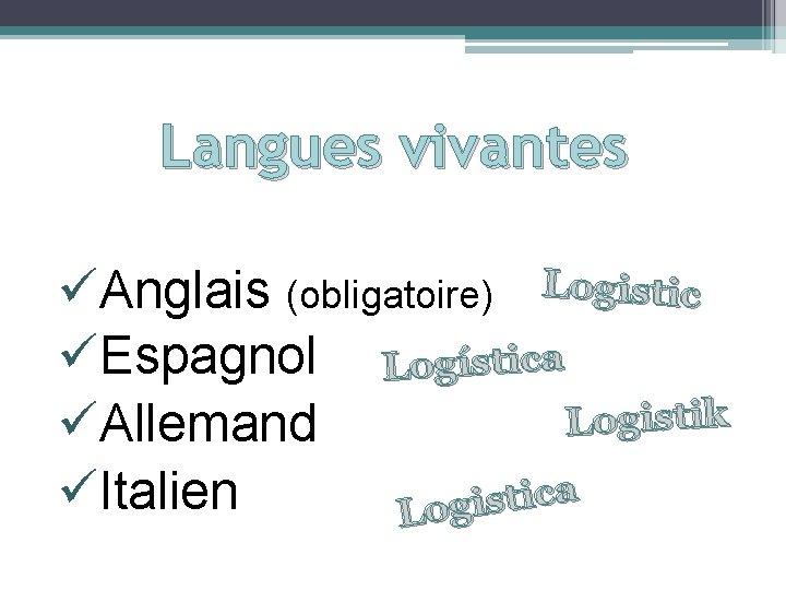 Langues vivantes üAnglais (obligatoire) Logistic üEspagnol Logística k i t s i g o