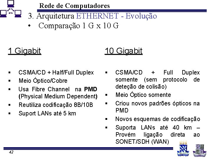 Rede de Computadores 3. Arquitetura ETHERNET - Evolução • Comparação 1 G x 10