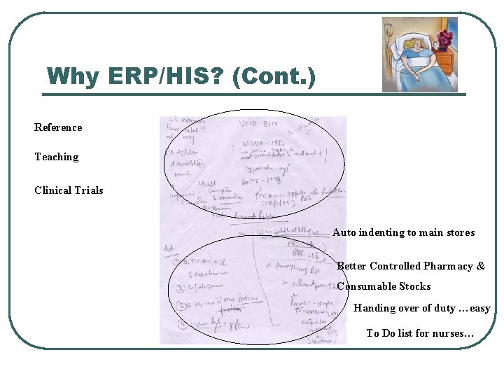 Why ERP/HIS? (Cont. ) Reference Teaching Clinical Trials Auto indenting to main stores Better