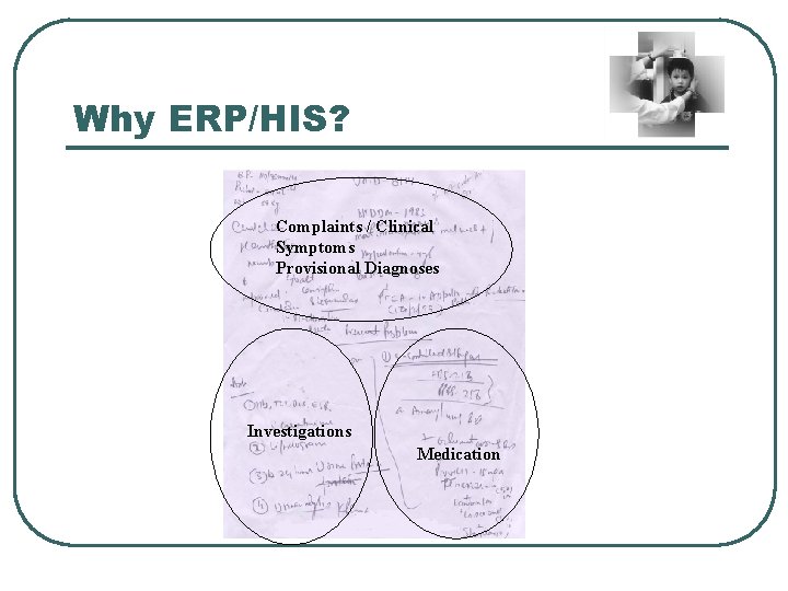 Why ERP/HIS? Complaints / Clinical Symptoms Provisional Diagnoses Investigations Medication 