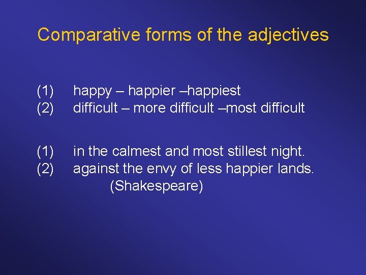 Comparative forms of the adjectives (1) (2) happy – happier –happiest difficult – more