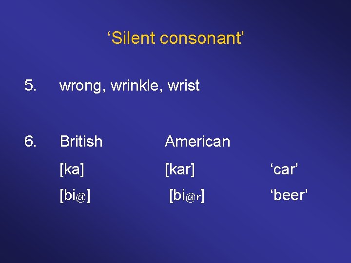 ‘Silent consonant’ 5. wrong, wrinkle, wrist 6. British American [ka] [kar] ‘car’ [bi@] [bi@r]