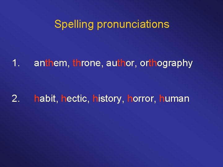 Spelling pronunciations 1. anthem, throne, author, orthography 2. habit, hectic, history, horror, human 