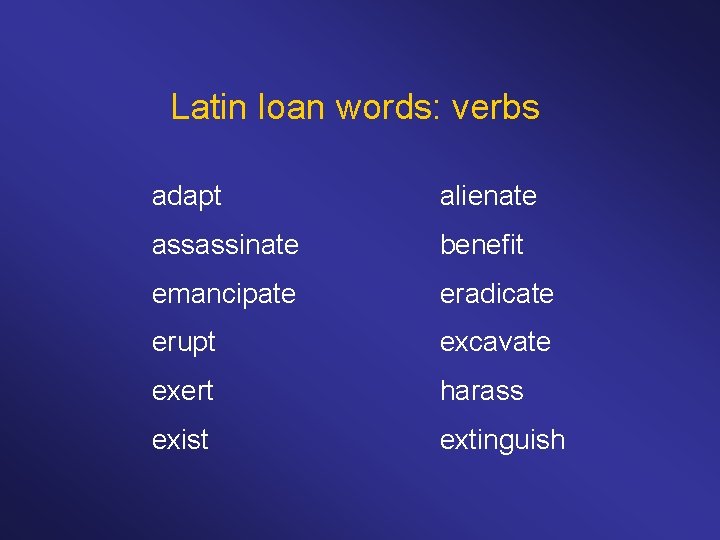 Latin loan words: verbs adapt alienate assassinate benefit emancipate eradicate erupt excavate exert harass