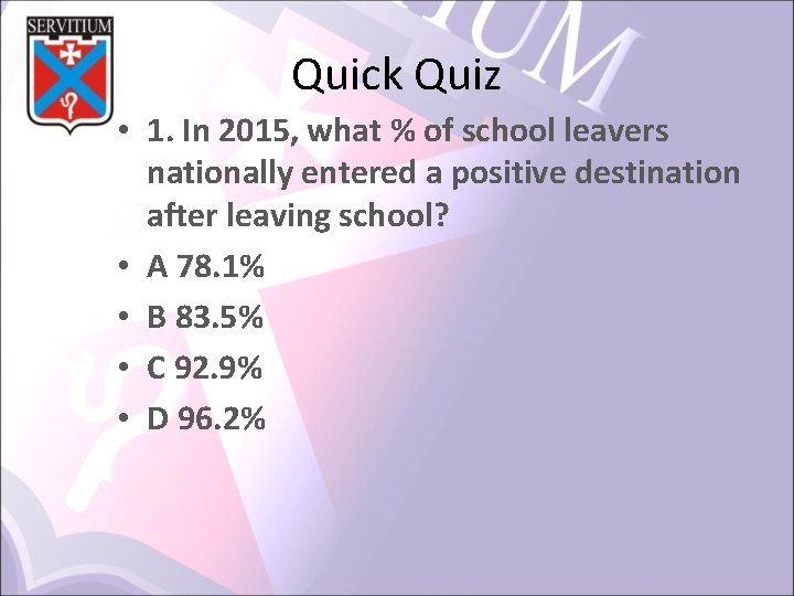 Quick Quiz • 1. In 2015, what % of school leavers nationally entered a