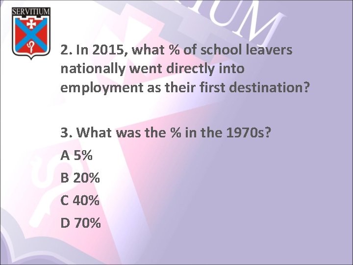 2. In 2015, what % of school leavers nationally went directly into employment as