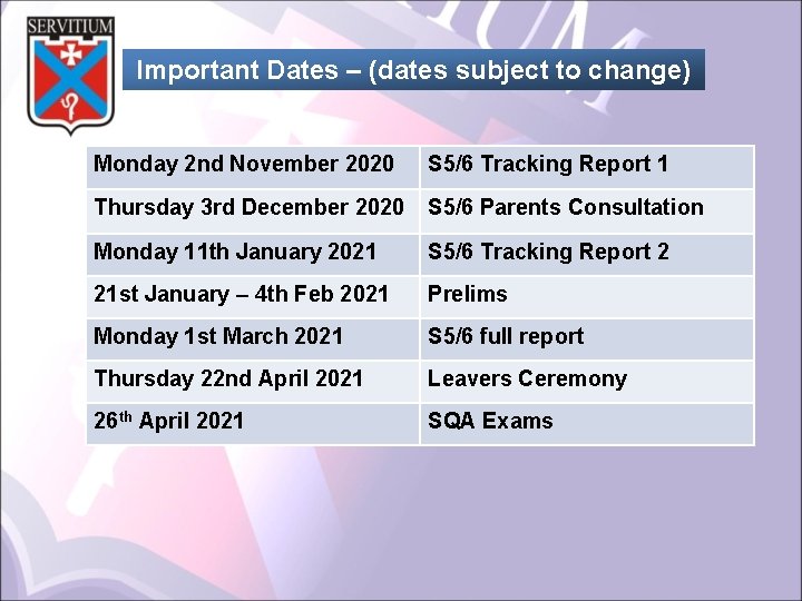 Important Dates – (dates subject to change) Monday 2 nd November 2020 S 5/6