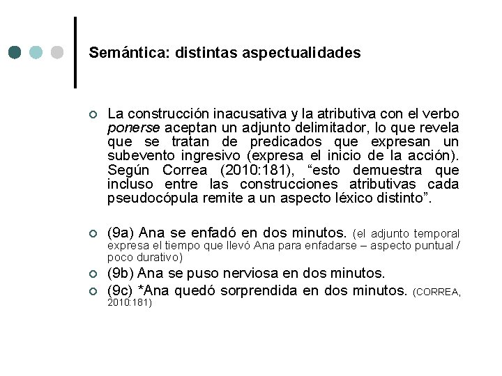 Semántica: distintas aspectualidades ¢ La construcción inacusativa y la atributiva con el verbo ponerse