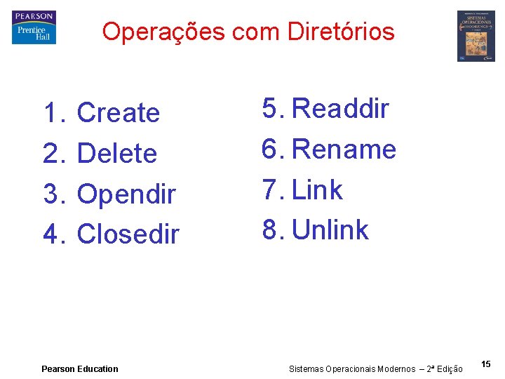 Operações com Diretórios 1. 2. 3. 4. Create Delete Opendir Closedir Pearson Education 5.