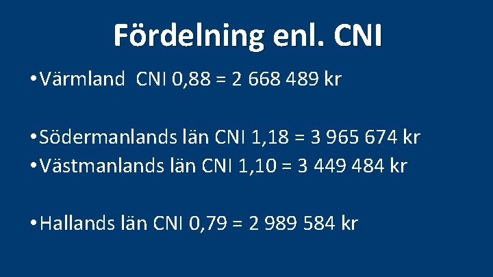 Fördelning enl. CNI • Värmland CNI 0, 88 = 2 668 489 kr •