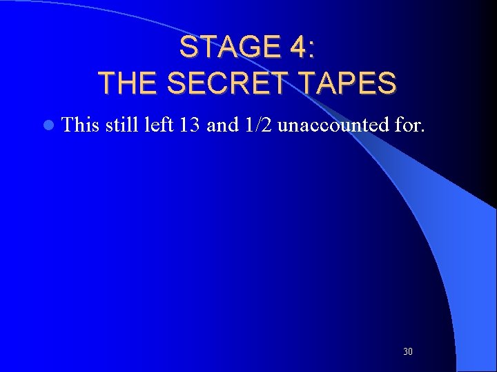 STAGE 4: THE SECRET TAPES l This still left 13 and 1/2 unaccounted for.
