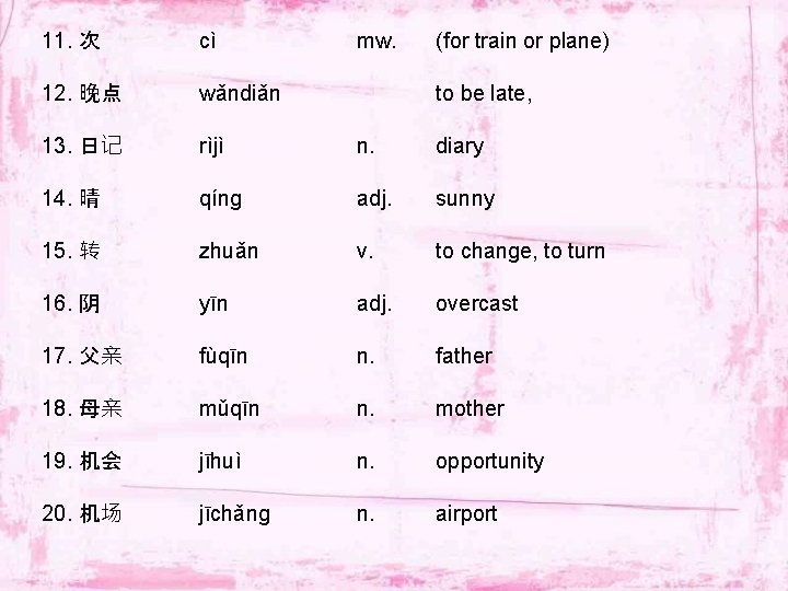 11. 次 cì mw. (for train or plane) 12. 晚点 wǎndiǎn 13. 日记 rìjì