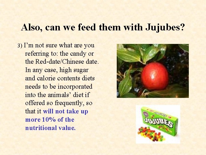 Also, can we feed them with Jujubes? 3) I’m not sure what are you