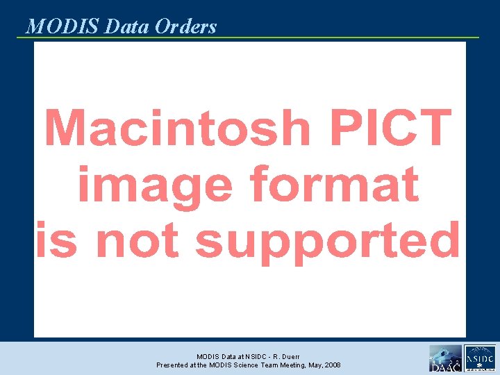 MODIS Data Orders MODIS Data at NSIDC - R. Duerr Presented at the MODIS