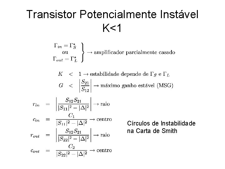 Transistor Potencialmente Instável K<1 Círculos de Instabilidade na Carta de Smith 