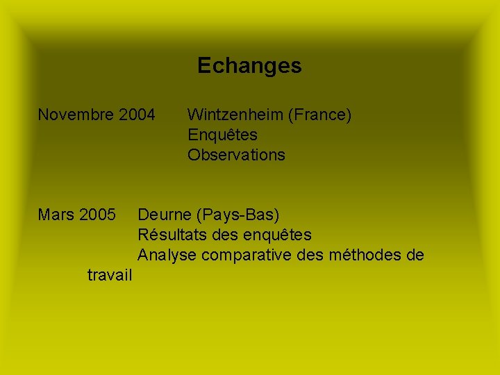 Echanges Novembre 2004 Mars 2005 travail Wintzenheim (France) Enquêtes Observations Deurne (Pays-Bas) Résultats des