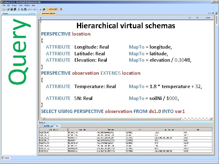 Query Hierarchical virtual schemas PERSPECTIVE location { ATTRIBUTE Longitude: Real Map. To = longitude,