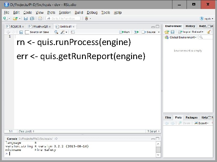 rn <- quis. run. Process(engine) err <- quis. get. Run. Report(engine) 