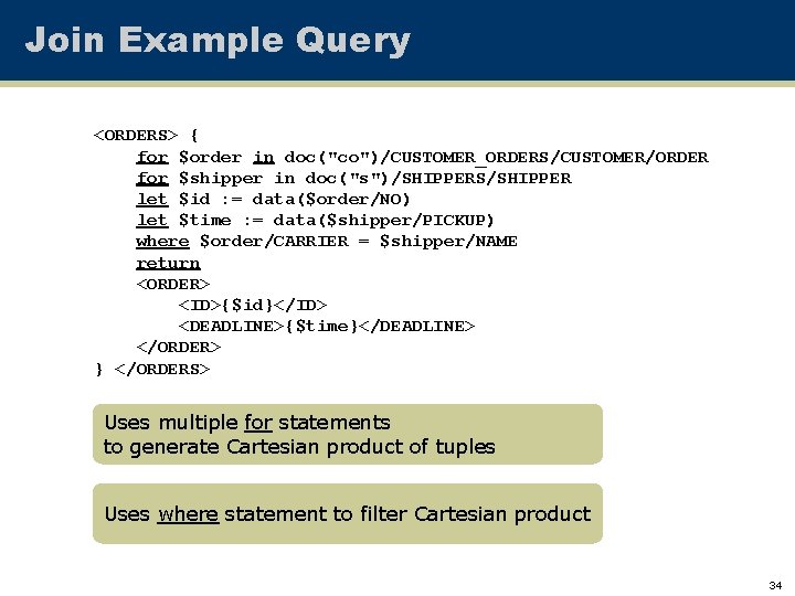 Join Example Query <ORDERS> { for $order in doc("co")/CUSTOMER_ORDERS/CUSTOMER/ORDER for $shipper in doc("s")/SHIPPERS/SHIPPER let