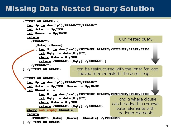 Missing Data Nested Query Solution <ITEMS_ON_ORDER> { for $p in doc("p")/PRODUCTS/PRODUCT let $sku :