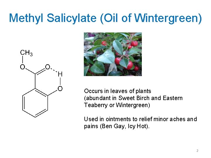 Methyl Salicylate (Oil of Wintergreen) Occurs in leaves of plants (abundant in Sweet Birch