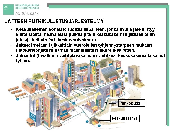 JÄTTEEN PUTKIKULJETUSJÄRJESTELMÄ • Keskusaseman koneisto tuottaa alipaineen, jonka avulla jäte siirtyy kiinteistöiltä maanalaista putkea