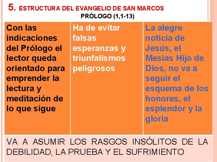 5. ESTRUCTURA DEL EVANGELIO DE SAN MARCOS PRÓLOGO (1, 1 -13) Con las indicaciones