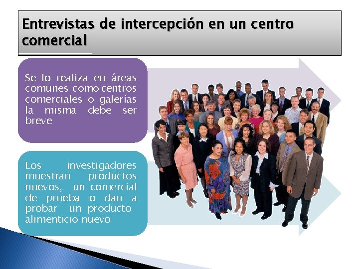 Entrevistas de intercepción en un centro comercial Se lo realiza en áreas comunes como