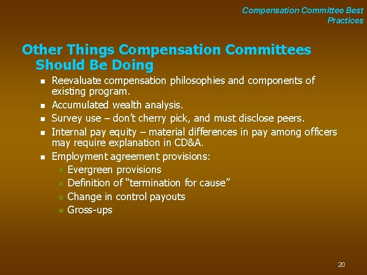 Compensation Committee Best Practices Other Things Compensation Committees Should Be Doing n n n