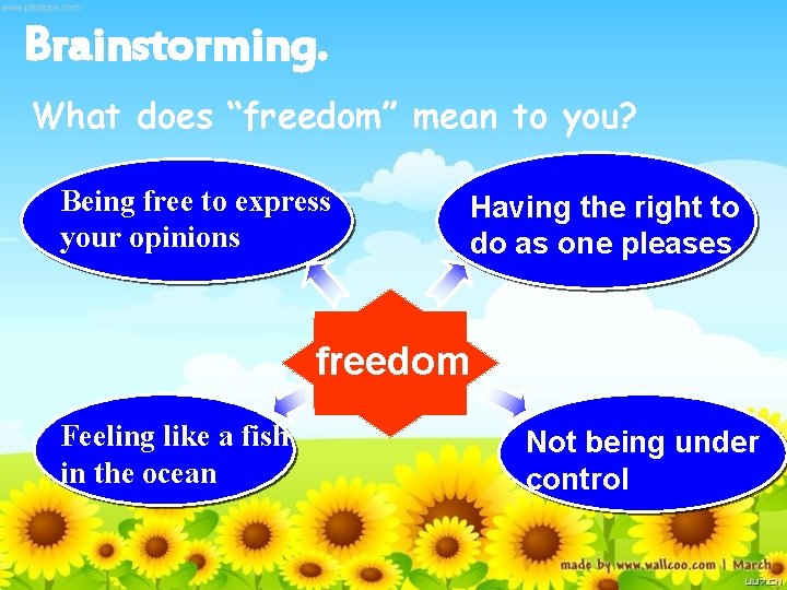 Brainstorming. What does “freedom” mean to you? Being free to express your opinions Having