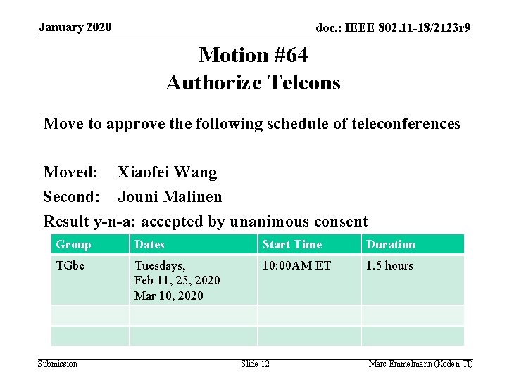 January 2020 doc. : IEEE 802. 11 -18/2123 r 9 Motion #64 Authorize Telcons