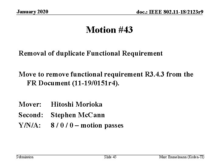 January 2020 doc. : IEEE 802. 11 -18/2123 r 9 Motion #43 Removal of