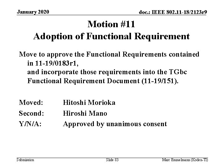 January 2020 doc. : IEEE 802. 11 -18/2123 r 9 Motion #11 Adoption of