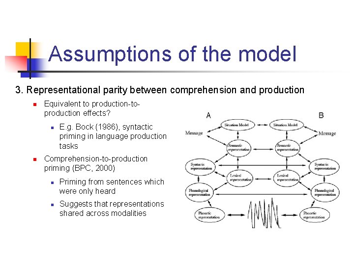 Assumptions of the model 3. Representational parity between comprehension and production n Equivalent to