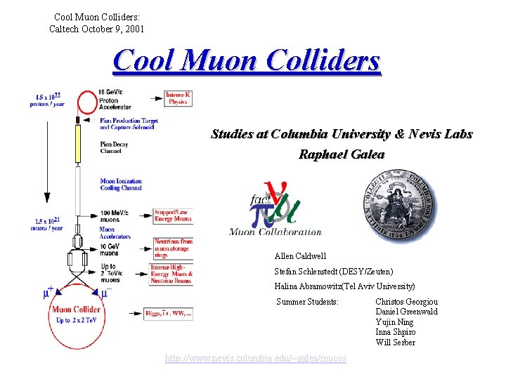 Cool Muon Colliders: Caltech October 9, 2001 Cool Muon Colliders Studies at Columbia University