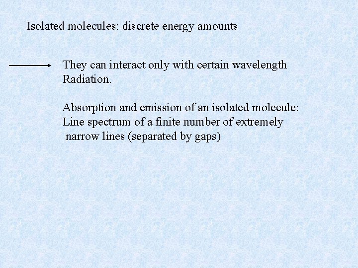 Isolated molecules: discrete energy amounts They can interact only with certain wavelength Radiation. Absorption