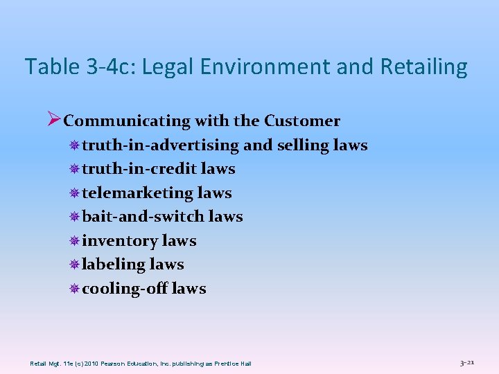 Table 3 -4 c: Legal Environment and Retailing ØCommunicating with the Customer ¯ truth-in-advertising