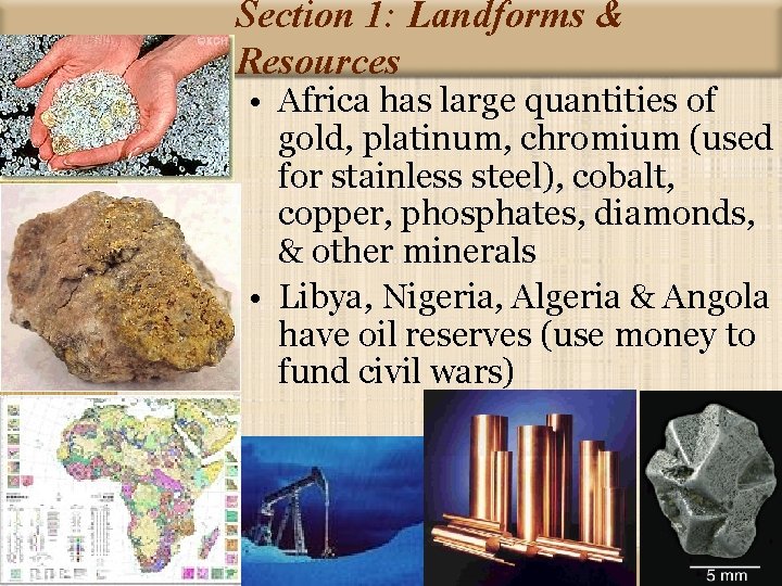 Section 1: Landforms & Resources • Africa has large quantities of gold, platinum, chromium