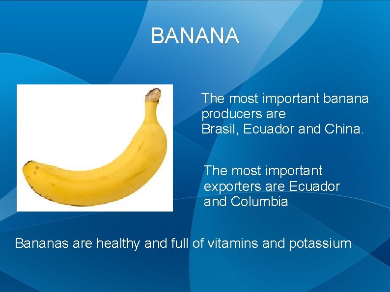 BANANA The most important banana producers are Brasil, Ecuador and China. The most important