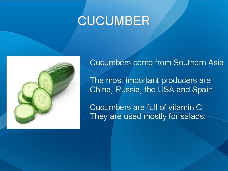 CUCUMBER Cucumbers come from Southern Asia. The most important producers are China, Russia, the