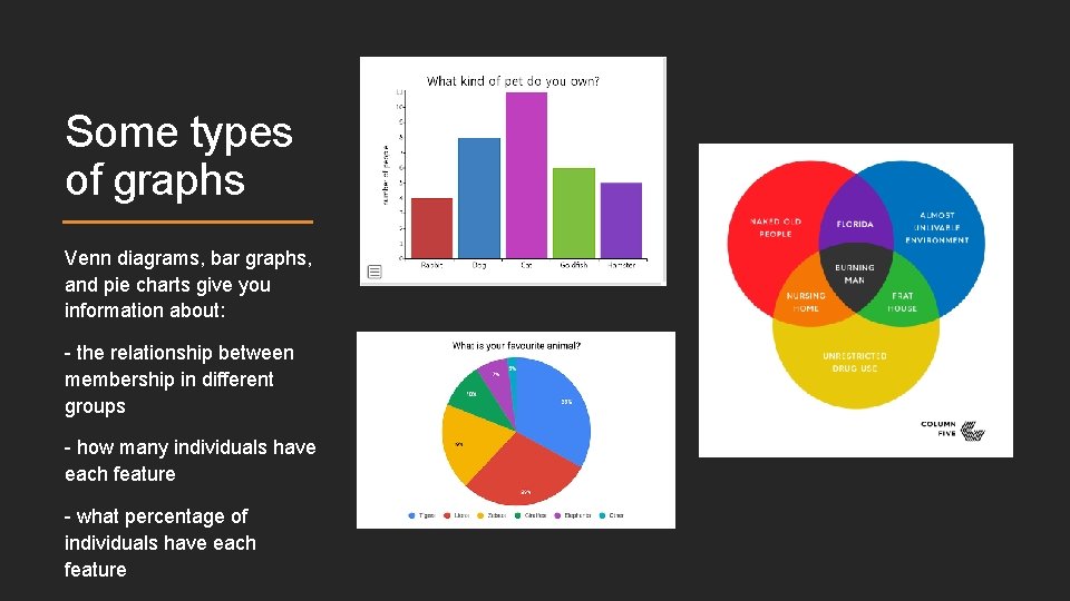 Some types of graphs Venn diagrams, bar graphs, and pie charts give you information