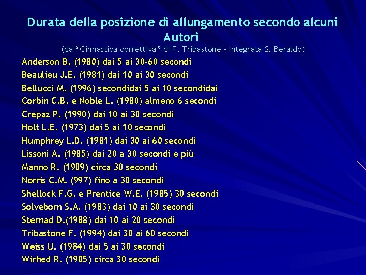 Durata della posizione di allungamento secondo alcuni Autori (da “Ginnastica correttiva” di F. Tribastone