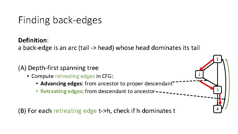 Finding back-edges Definition: a back-edge is an arc (tail -> head) whose head dominates