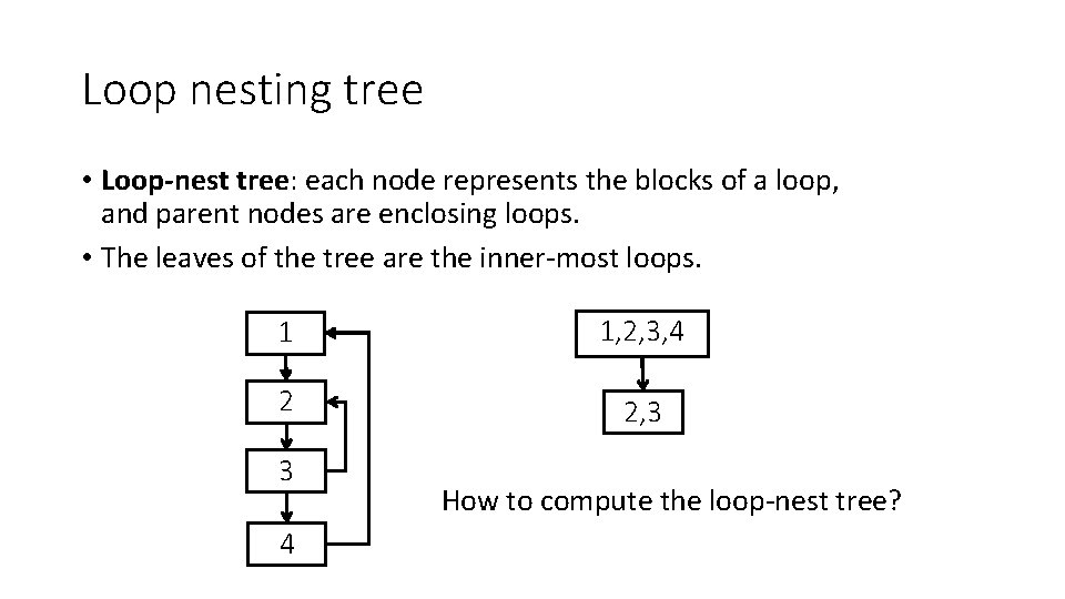 Loop nesting tree • Loop-nest tree: each node represents the blocks of a loop,