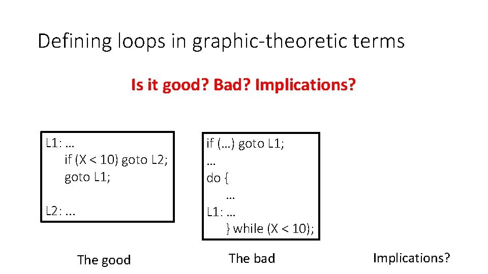 Defining loops in graphic-theoretic terms Is it good? Bad? Implications? L 1: … if