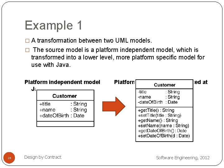 Example 1 � A transformation between two UML models. � The source model is