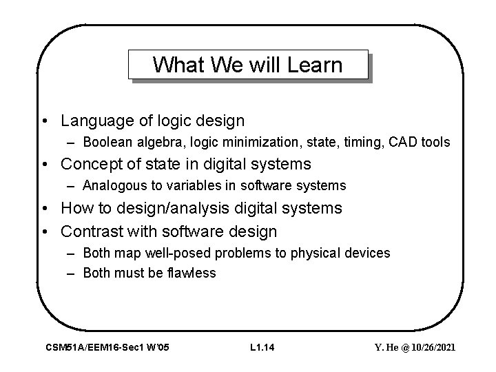What We will Learn • Language of logic design – Boolean algebra, logic minimization,
