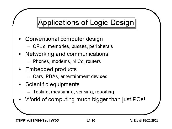 Applications of Logic Design • Conventional computer design – CPUs, memories, busses, peripherals •